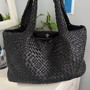 Woven Black Leather Tote Bag with Braided Handles